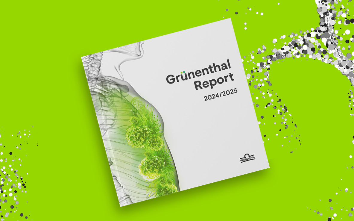 Coverbild des Grünenthal Report 2024/2025 präsentiert auf grünem Hintergrund