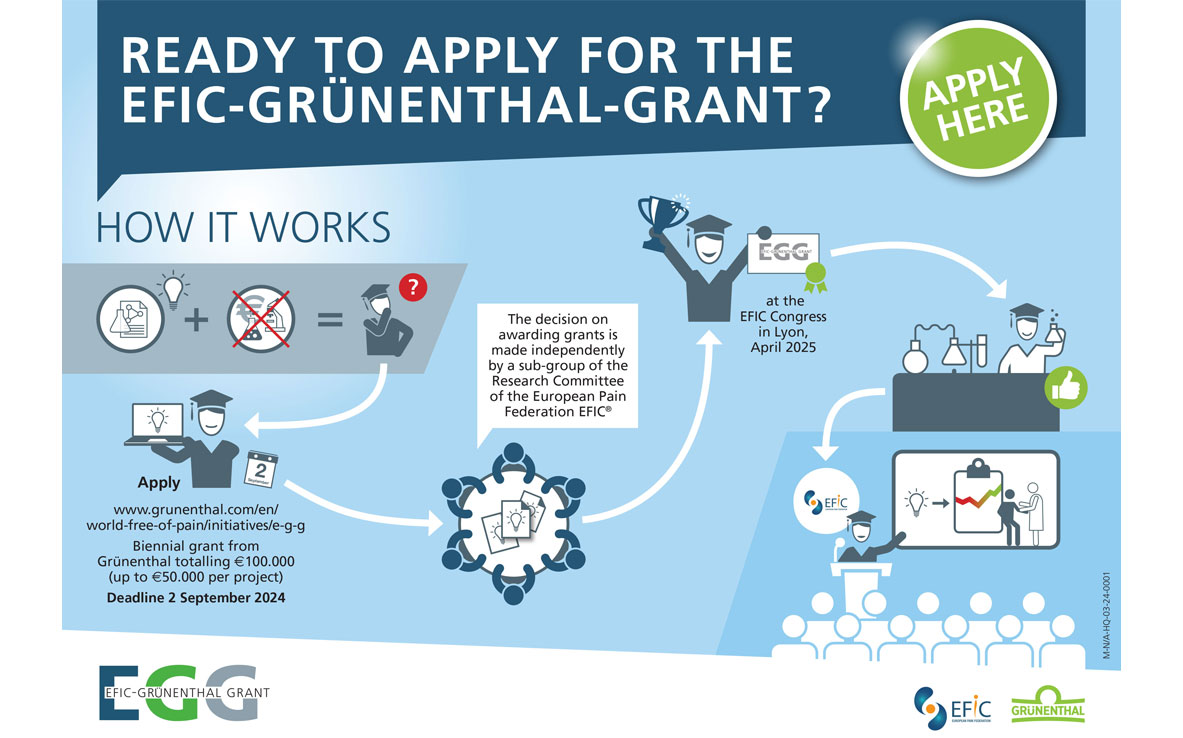 Diese Infografik visualisiert den Bewerbungsprozess für den EFiC Grünenthal Grant 2024