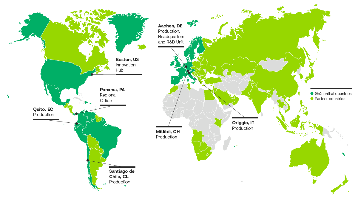 Karte der weltweiten Grünenthal-Niederlassungen mit einer Übersicht über die Produktionsstandorte und die Standorte unserer Partnerunternehmen